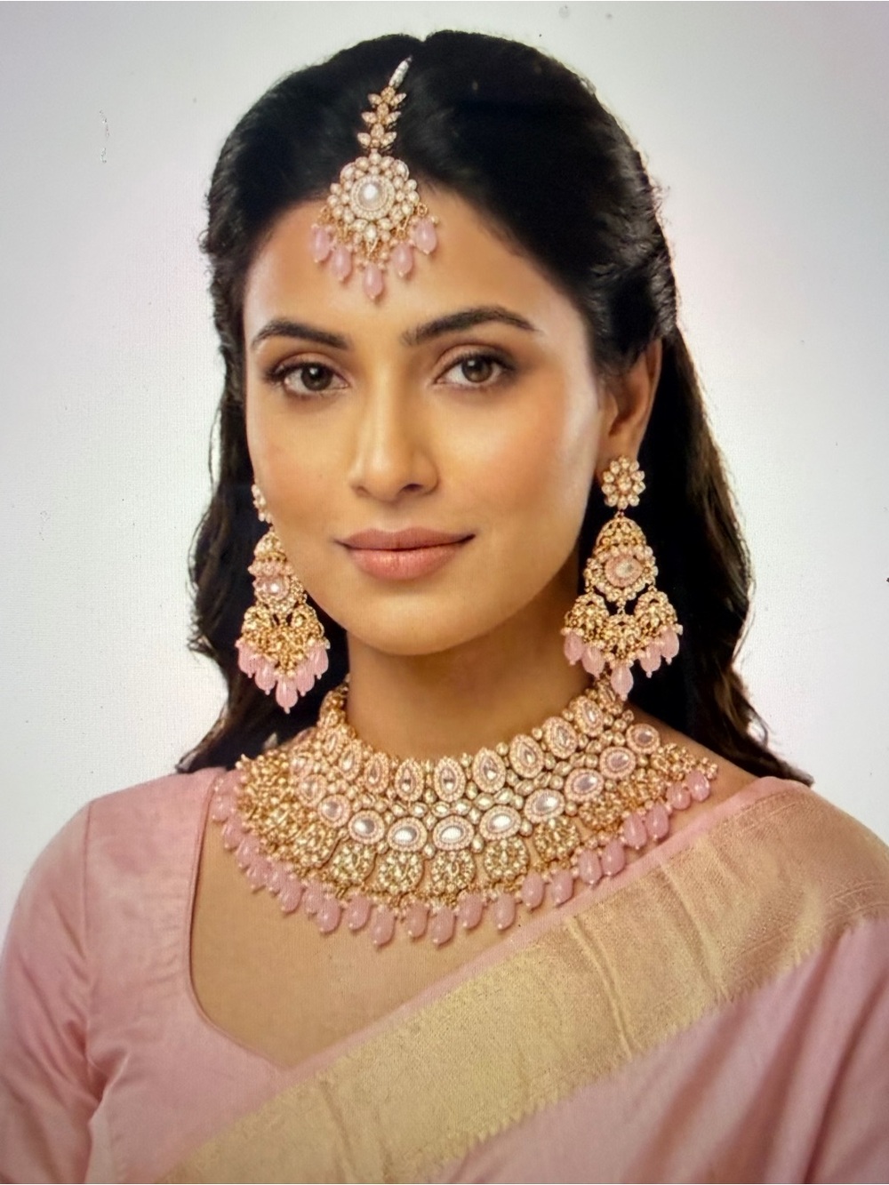 Elegant Pink and Gold Bridal set with Necklace Maang Tikka and Earnings